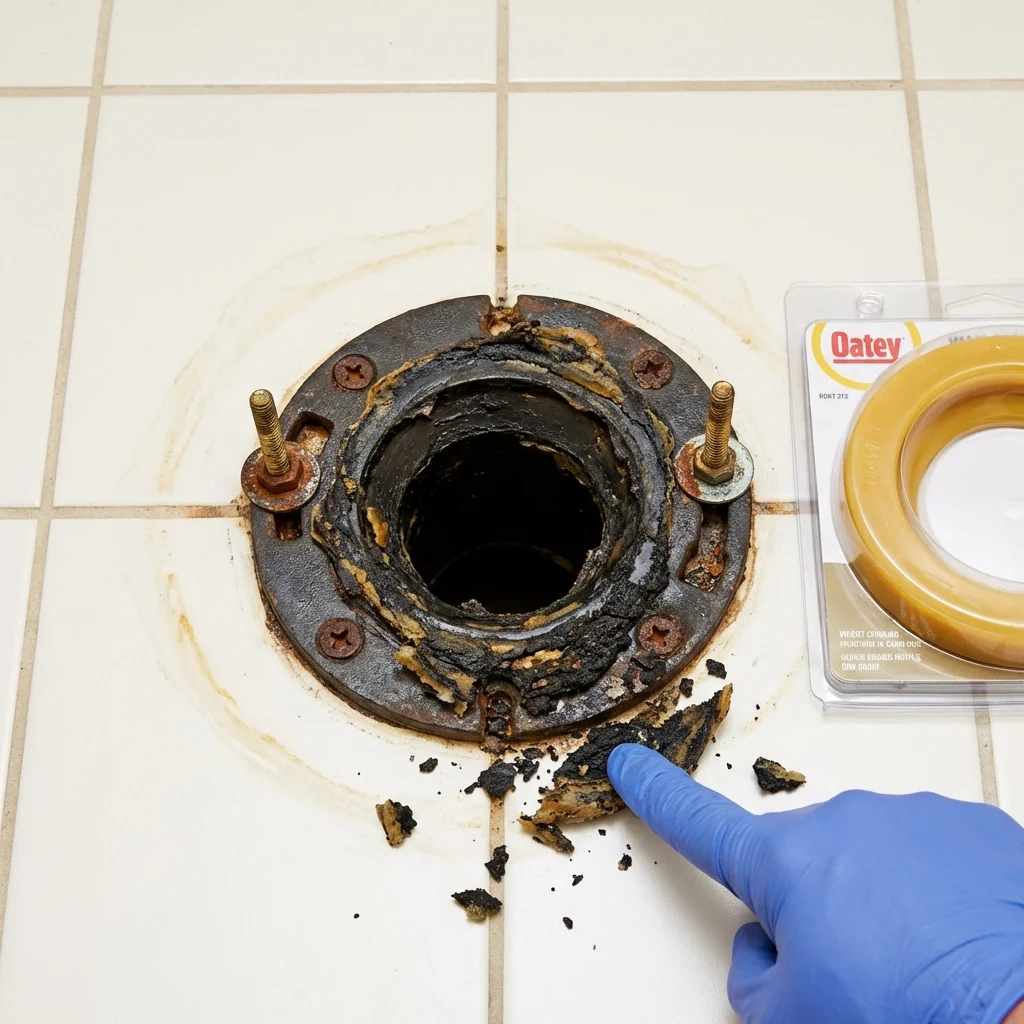 Failed wax ring showing water seepage at the base of a toilet in a Bristol, WI home
