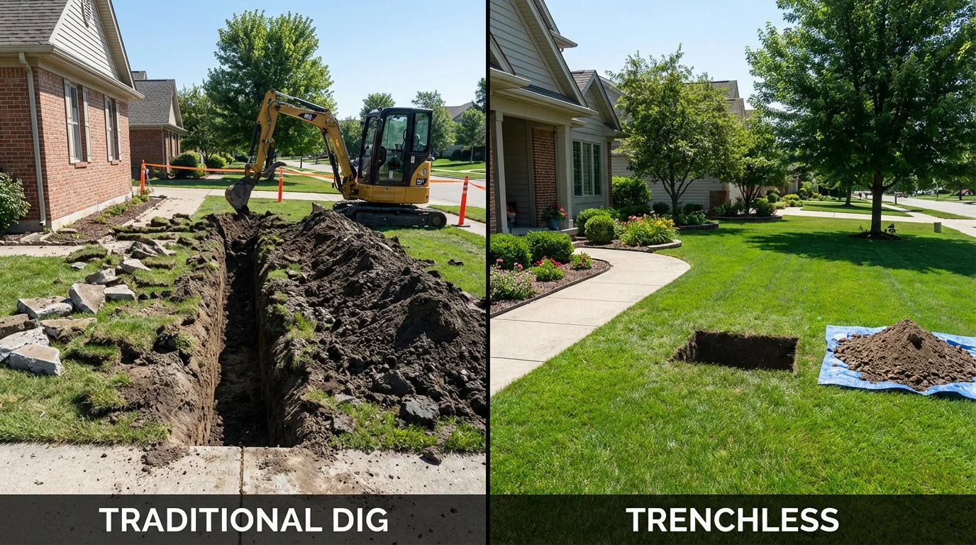 Trenchless sewer repair with minimal yard damage versus traditional excavation in Bristol, WI