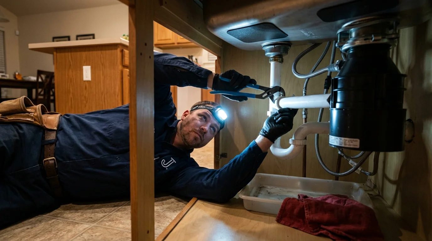 P-trap and supply line connections under a kitchen sink showing a common leak point in Bristol, WI